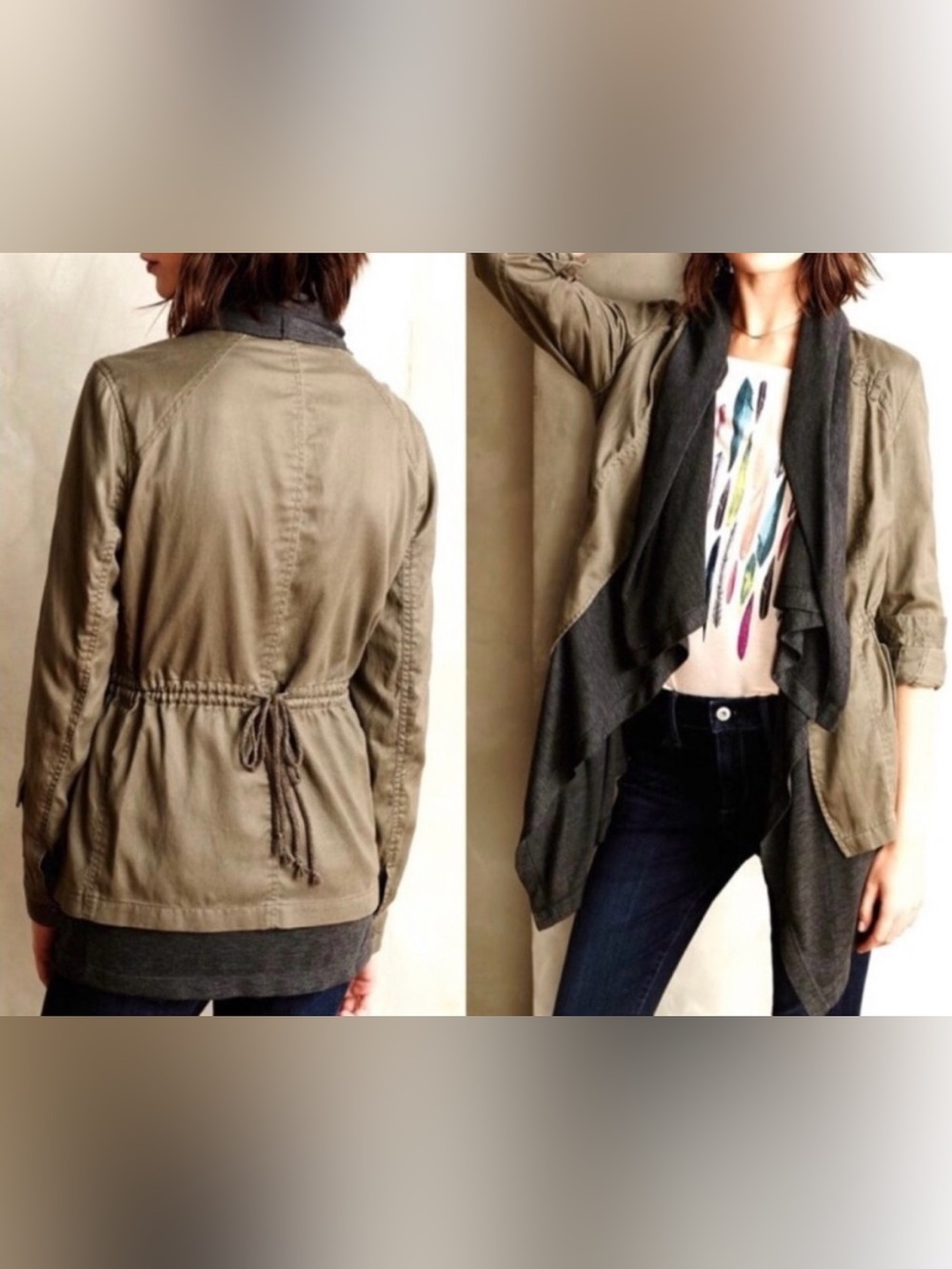 Hei Hei by Anthropologie Olive Green Utility Jacket with Gray Draping - Size L